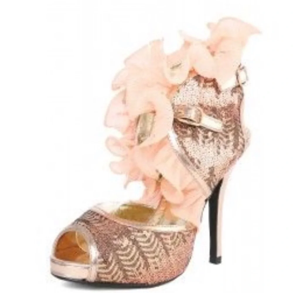 Wild Rose Gold Ruffle Peep Toe Heels - Picture 1 of 7
